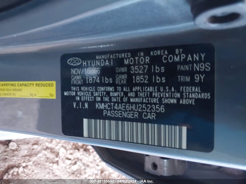 VIN KMHCT4AE6HU252356 2017 HYUNDAI ACCENT SE