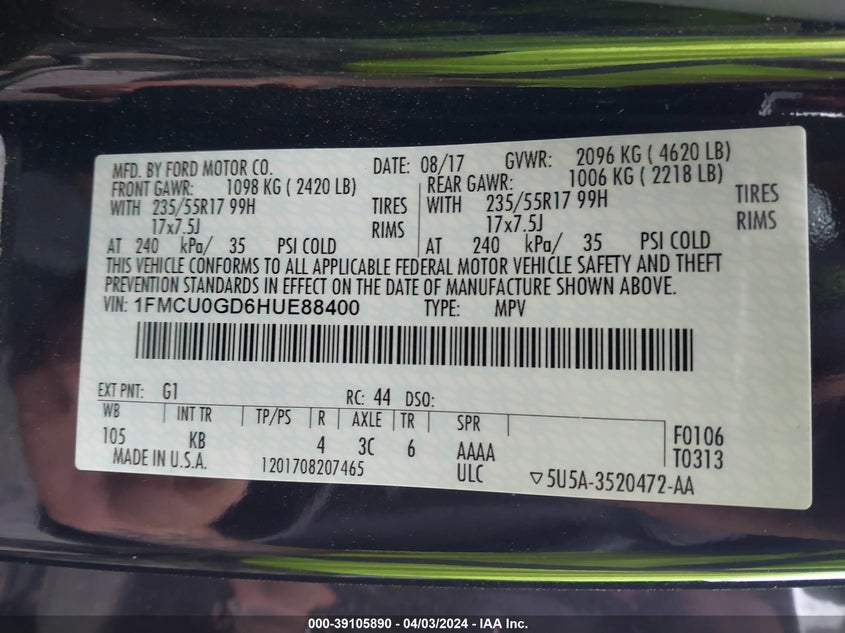 VIN 1FMCU0GD6HUE88400 2017 FORD ESCAPE SE