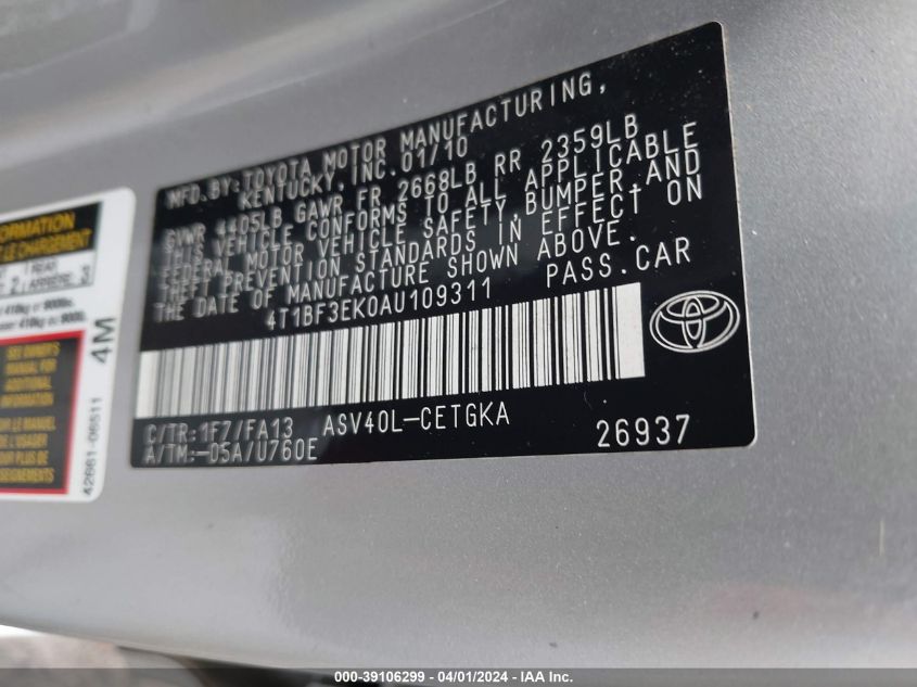 4T1BF3EK0AU109311 | 2010 TOYOTA CAMRY