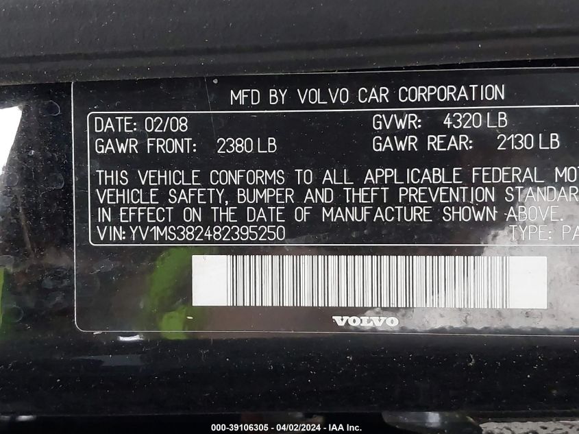 YV1MS382482395250 | 2008 VOLVO S40