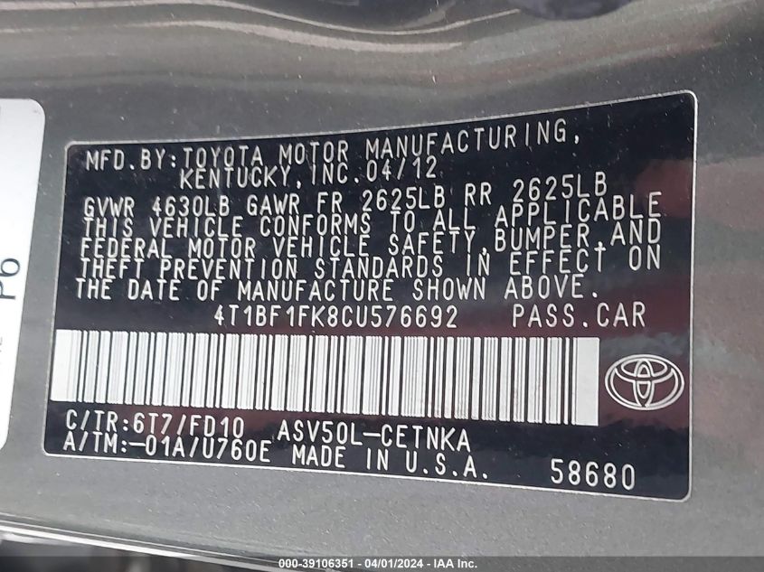 4T1BF1FK8CU576692 | 2012 TOYOTA CAMRY