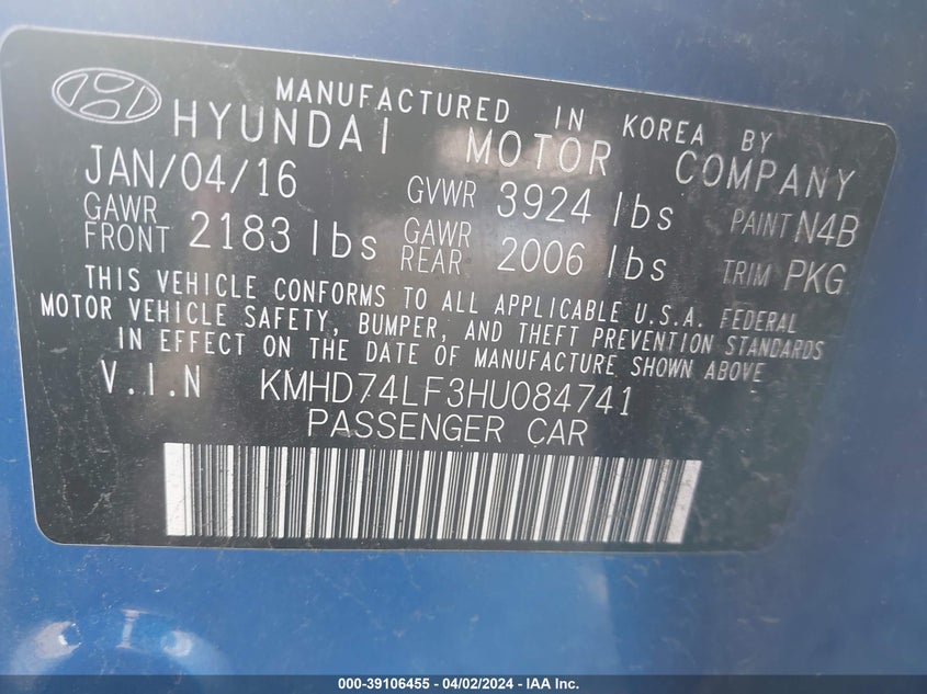 VIN KMHD74LF3HU084741 2017 HYUNDAI ELANTRA SE