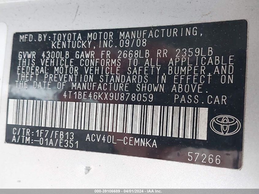 4T1BE46KX9U878059 | 2009 TOYOTA CAMRY