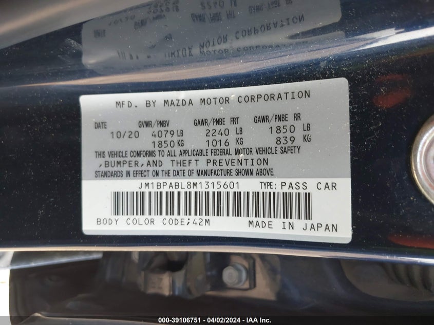 VIN JM1BPABL8M1315601 2021 MAZDA MAZDA3 SELECT