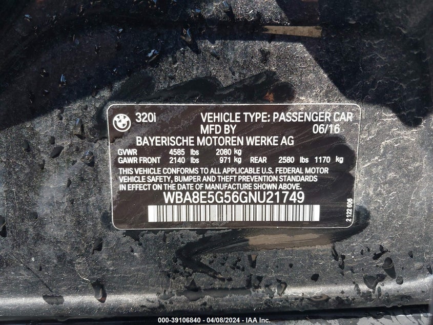 2016 BMW 320I XDRIVE - WBA8E5G56GNU21749