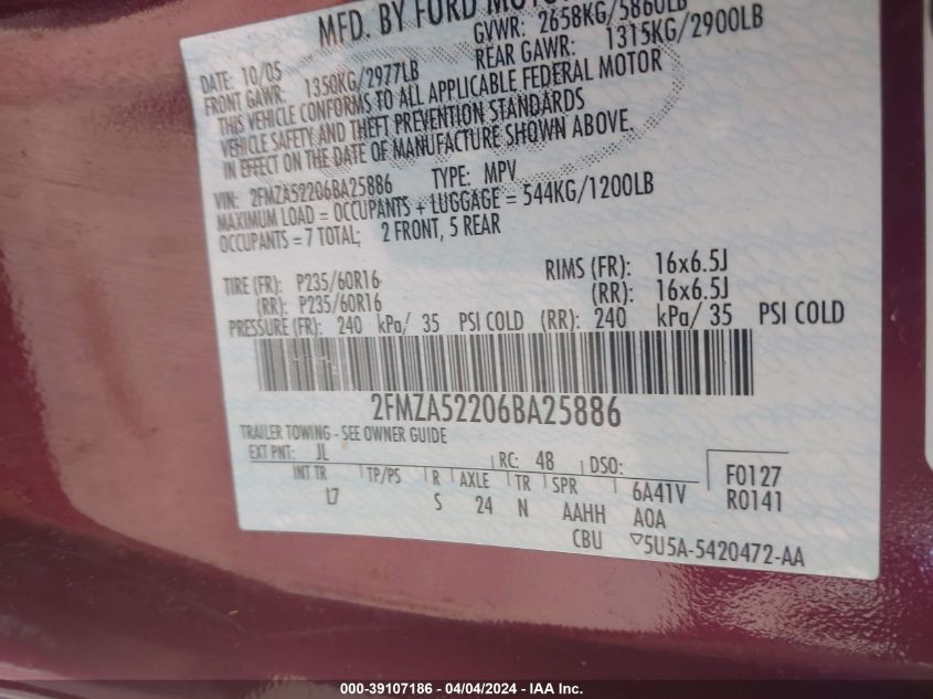 2FMZA52206BA25886 2006 Ford Freestar Sel