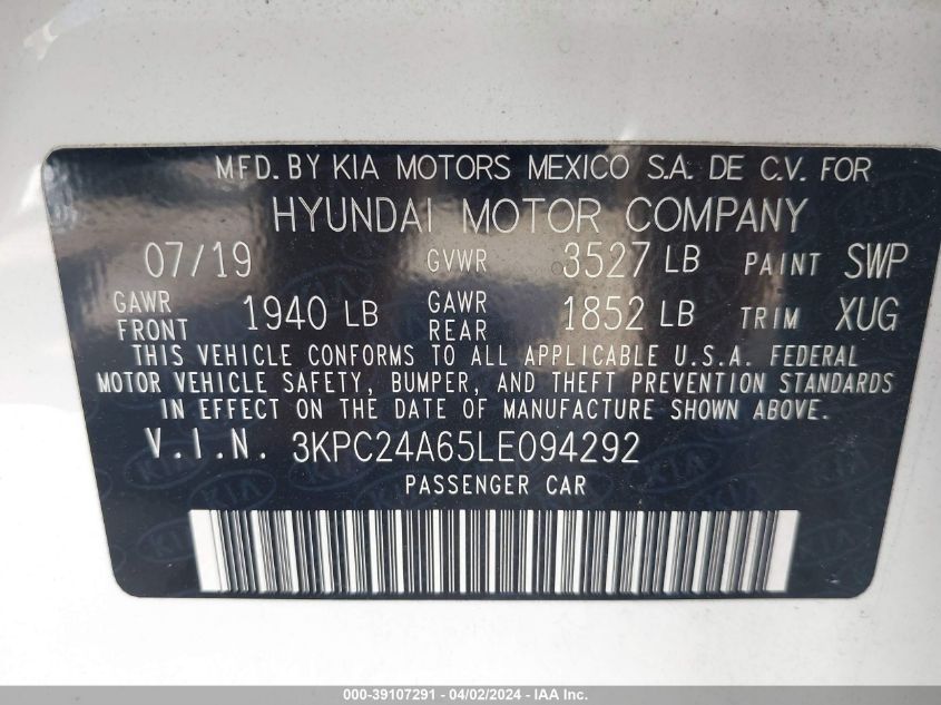 2020 Hyundai Accent Sel VIN: 3KPC24A65LE094292 Lot: 39107291