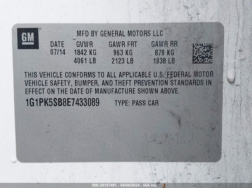 2014 CHEVROLET CRUZE LT - 1G1PK5SB8E7433089