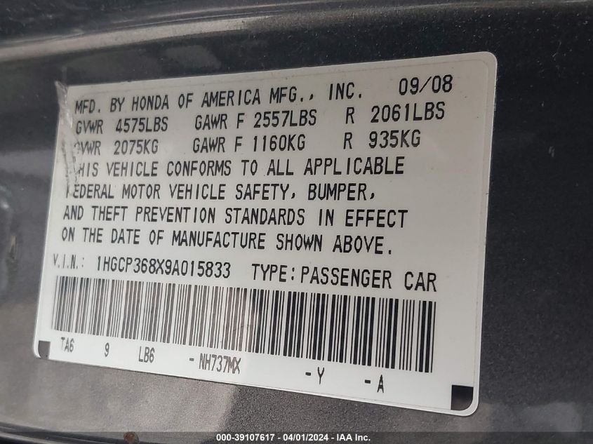 1HGCP368X9A015833 | 2009 HONDA ACCORD