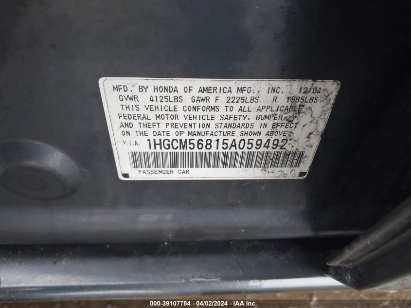 1HGCM56815A059492 | 2005 HONDA ACCORD