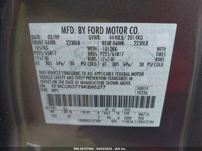 2009 Ford Escape Xlt VIN: 1FMCU03779KB95277 Lot: 39107864