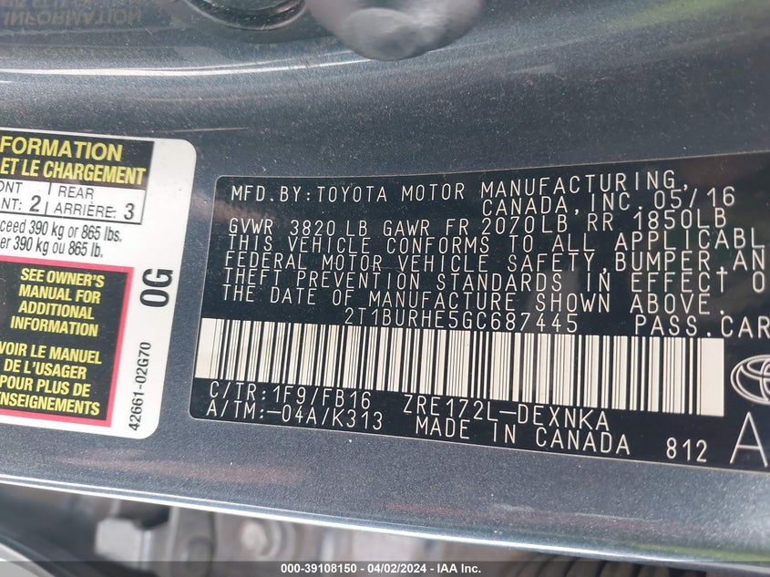 2016 TOYOTA COROLLA LE - 2T1BURHE5GC687445