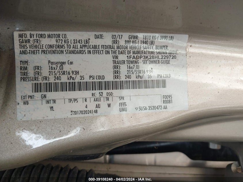 VIN 1FADP3K28HL229720 2017 FORD FOCUS SE