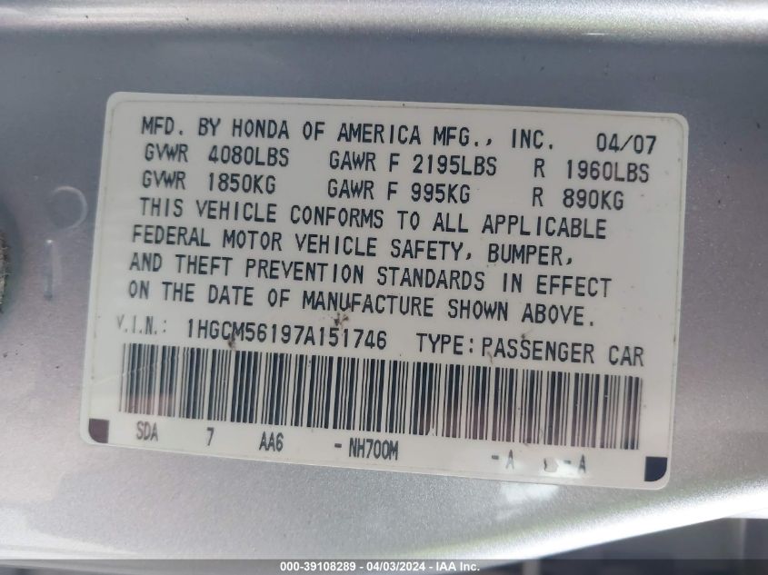 1HGCM56197A151746 | 2007 HONDA ACCORD