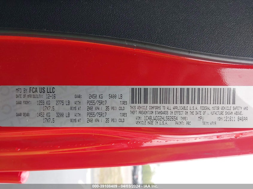 VIN 1C4BJWDG2HL562654 2017 JEEP WRANGLER UNLIMITED SPORT