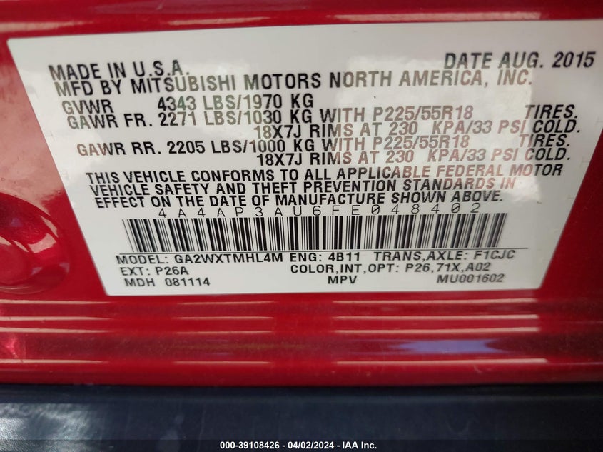 2015 MITSUBISHI OUTLANDER SPORT ES - 4A4AP3AU6FE048402