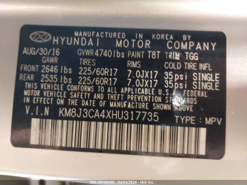 KM8J3CA4XHU317735 2017 Hyundai Tucson Se