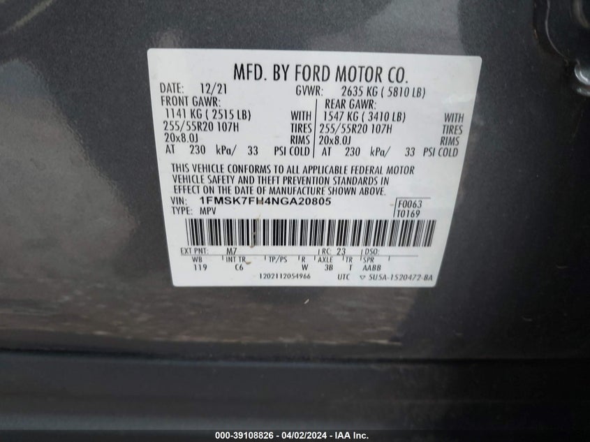 VIN 1FMSK7FH4NGA20805 2022 FORD EXPLORER LIMITED