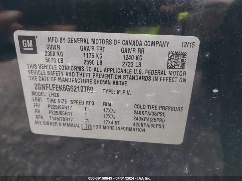 2GNFLFEK6G6210769 2016 Chevrolet Equinox Lt