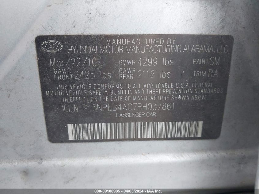 5NPEB4AC7BH037861 | 2011 HYUNDAI SONATA