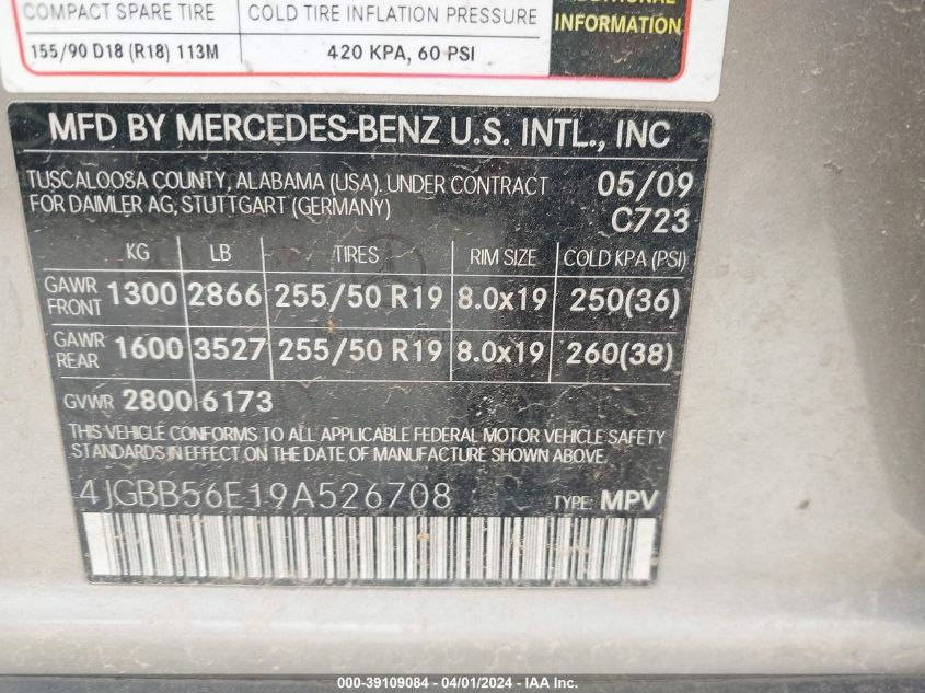 4JGBB56E19A526708 2009 Mercedes-Benz Ml 350