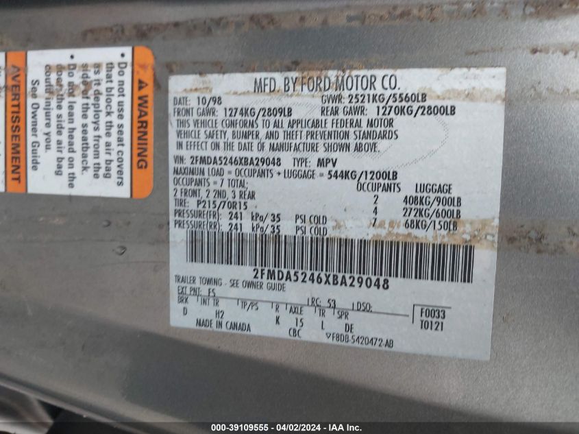 1999 Ford Windstar Se VIN: 2FMDA5246XBA29048 Lot: 39109555