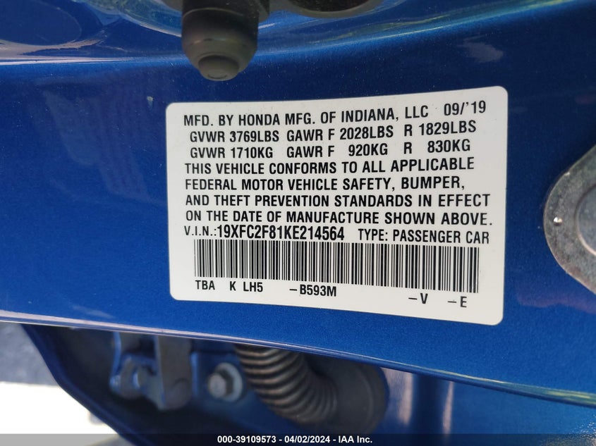 2019 HONDA CIVIC SPORT - 19XFC2F81KE214564