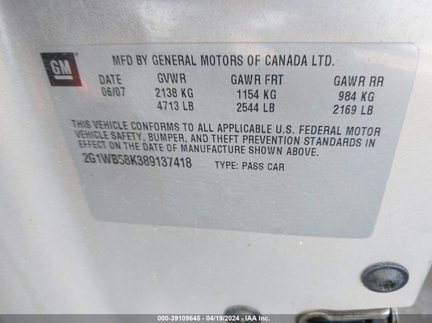 2008 Chevrolet Impala Ls VIN: 2G1WB58K389137418 Lot: 39109645