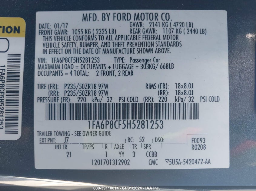 VIN 1FA6P8CF5H5281253 2017 FORD MUSTANG GT