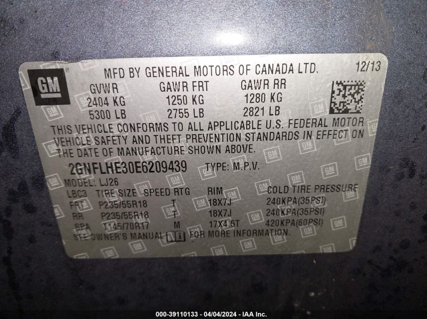 2GNFLHE30E6209439 2014 Chevrolet Equinox Ltz