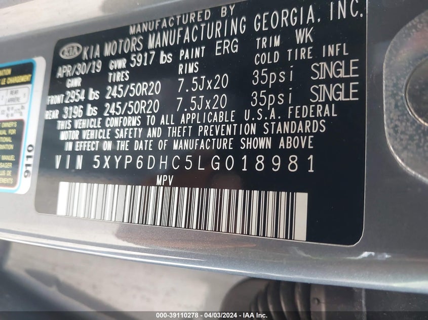 VIN 5XYP6DHC5LG018981 2020 KIA TELLURIDE S
