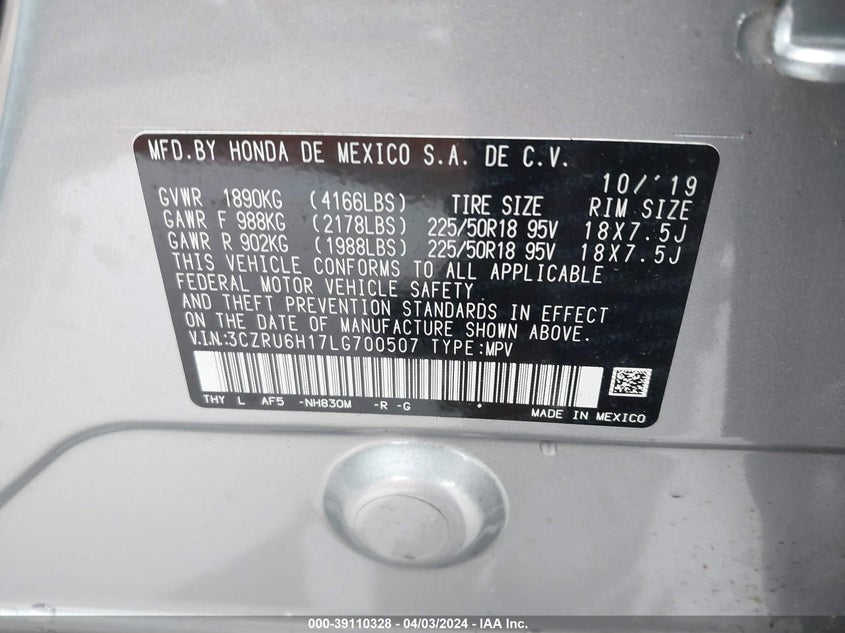 VIN 3CZRU6H17LG700507 2020 HONDA HR-V SPORT
