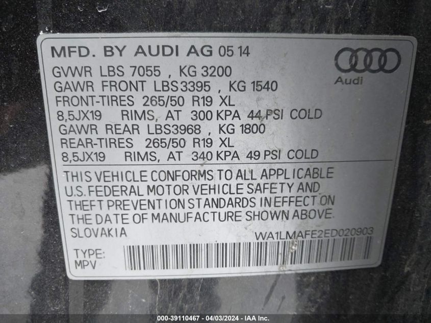 WA1LMAFE2ED020903 2014 Audi Q7 3.0 Tdi Premium