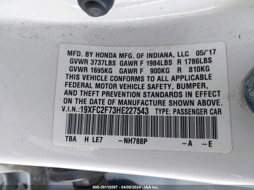 VIN 19XFC2F73HE227543 2017 HONDA CIVIC EX