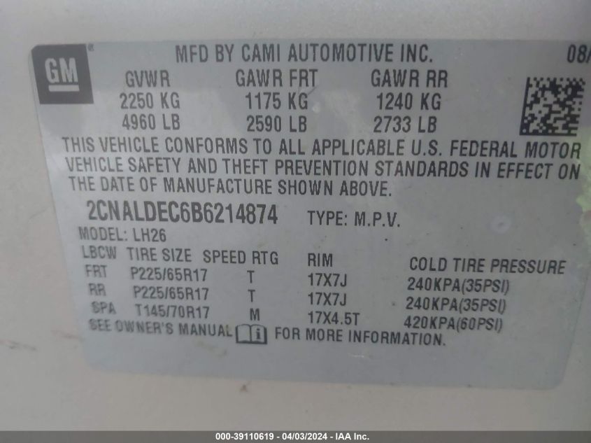 2CNALDEC6B6214874 2011 Chevrolet Equinox 1Lt