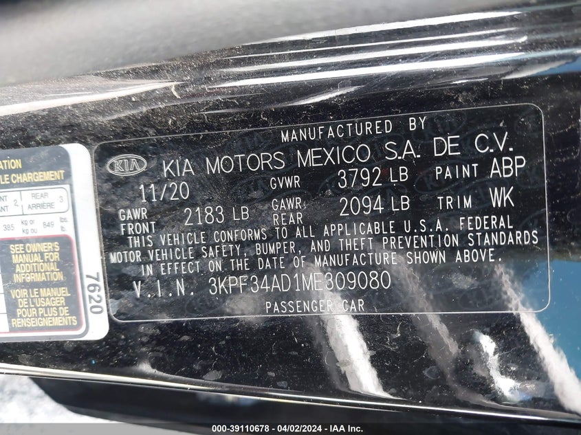 VIN 3KPF34AD1ME309080 2021 KIA FORTE GT LINE