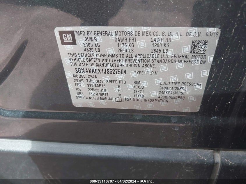 VIN 3GNAXKEX1JS627504 2018 CHEVROLET EQUINOX LT