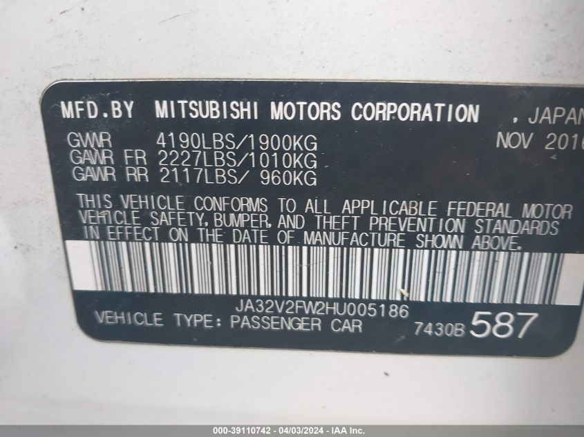 2017 Mitsubishi Lancer Sel VIN: JA32V2FW2HU005186 Lot: 39110742