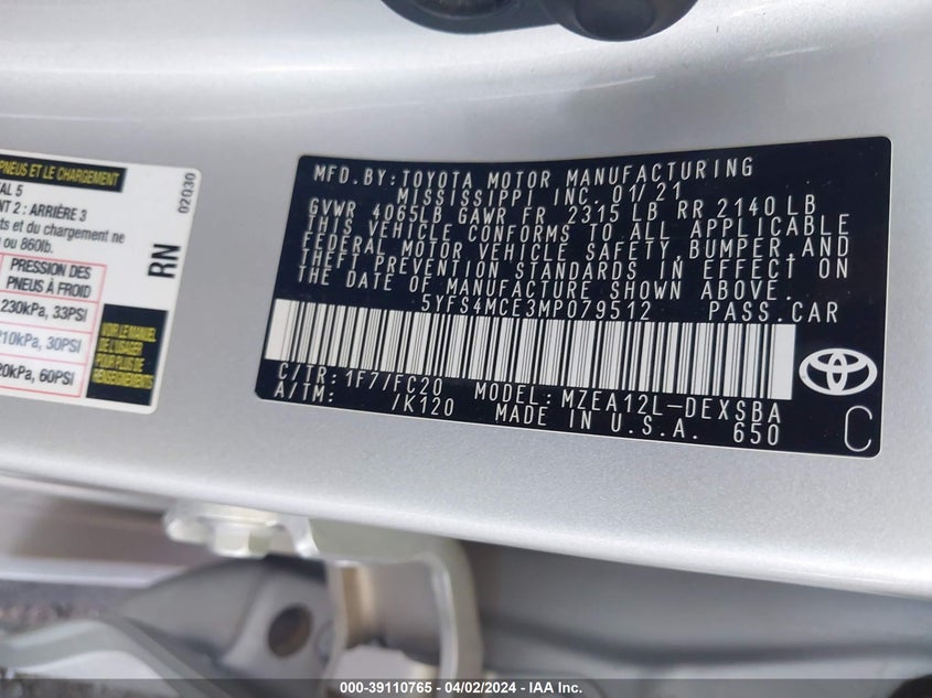 VIN 5YFS4MCE3MP079512 2021 TOYOTA COROLLA SE/NIGHT SHADE