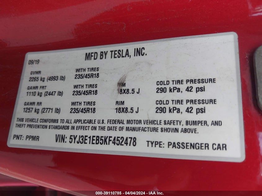 VIN 5YJ3E1EB5KF452478 2019 TESLA MODEL 3 LONG RANGE/PERFORMANCE