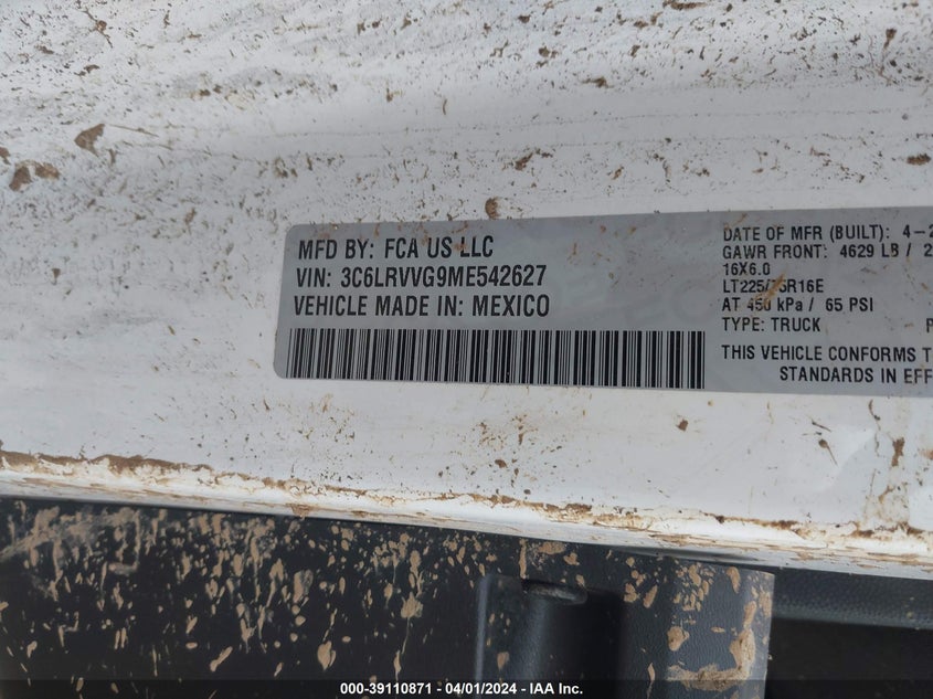 VIN 3C6LRVVG9ME542627 2021 RAM PROMASTER 2500 LOW ROOF 136 WB