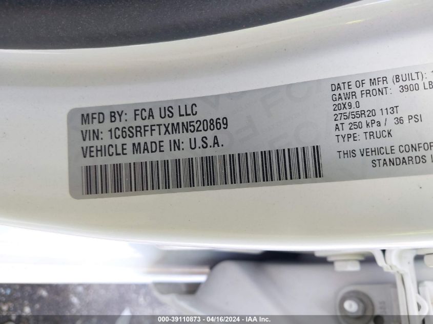 2021 Ram 1500 Big Horn 4X4 5'7 Box VIN: 1C6SRFFTXMN520869 Lot: 39110873