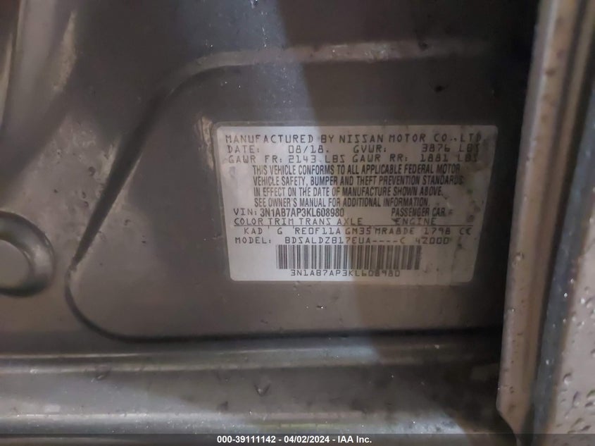 2019 NISSAN SENTRA SV - 3N1AB7AP3KL608980