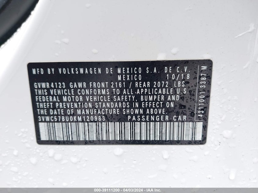 VIN 3VWC57BU0KM120983 2019 VOLKSWAGEN JETTA 1.4T R-LINE/1.4T S/1.4T SE