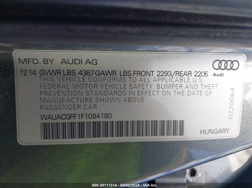 2015 AUDI A3 VIN: WAUACGFF1F1094180