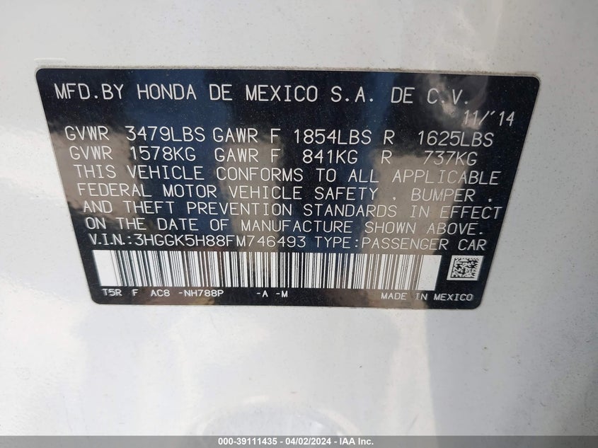 2015 HONDA FIT VIN: 3HGGK5H88FM746493