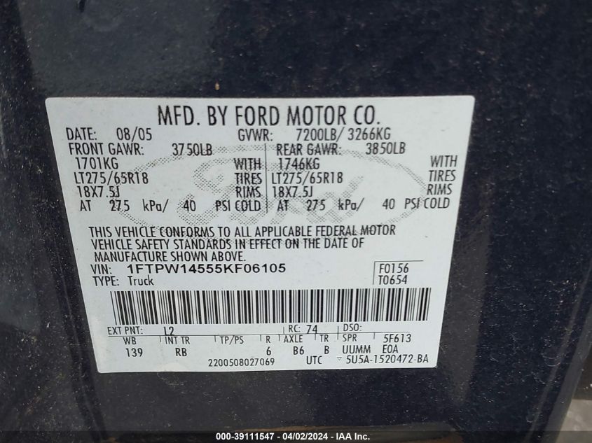 1FTPW14555KF06105 | 2005 FORD F-150