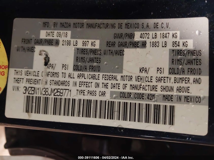 VIN 3MZBN1V38JM259771 2018 MAZDA MAZDA3 TOURING