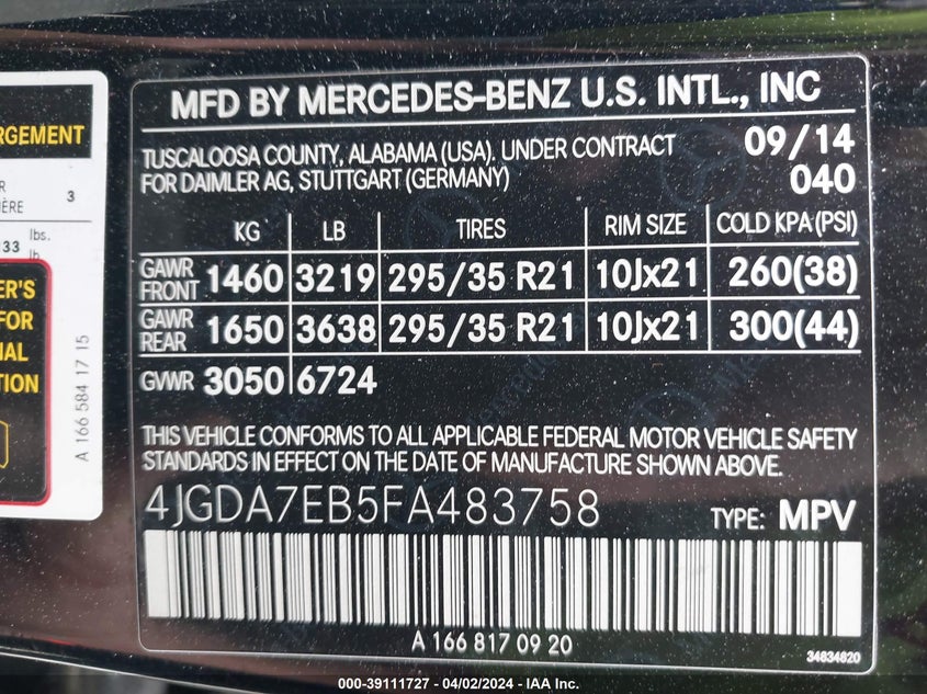 2015 MERCEDES-BENZ ML 63 AMG 4MATIC - 4JGDA7EB5FA483758