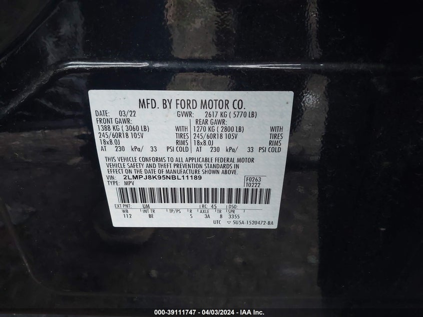 2022 LINCOLN NAUTILUS RESERVE - 2LMPJ8K95NBL11189